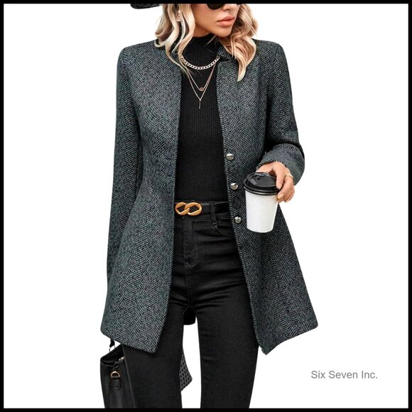 Wool Blend Pea Coat Stand Collar Single Breasted Mid Long Trench